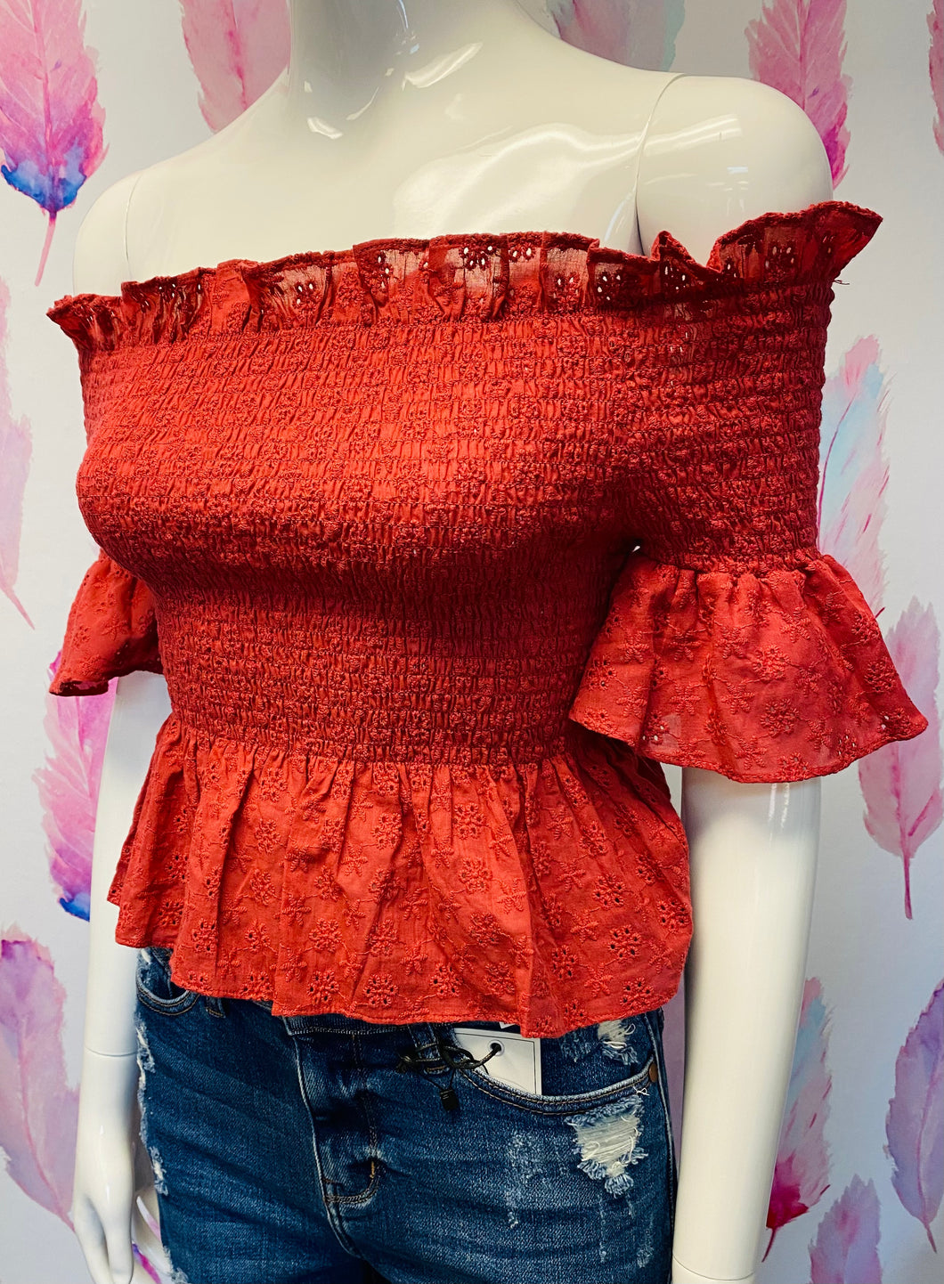 Eyelet off the shoulder top