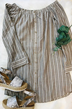 Load image into Gallery viewer, Off the Shoulder Taupe Stripe Dress